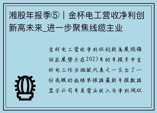 湘股年报季⑤｜金杯电工营收净利创新高未来_进一步聚焦线缆主业