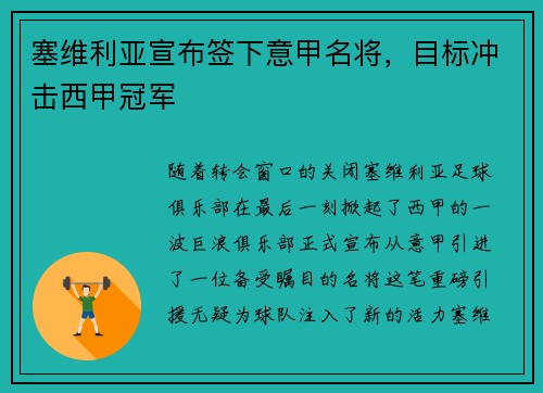 塞维利亚宣布签下意甲名将，目标冲击西甲冠军