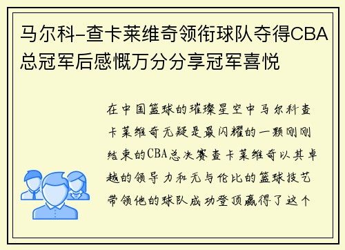 马尔科-查卡莱维奇领衔球队夺得CBA总冠军后感慨万分分享冠军喜悦