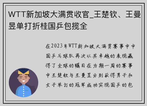 WTT新加坡大满贯收官_王楚钦、王曼昱单打折桂国乒包揽全