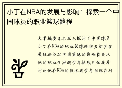 小丁在NBA的发展与影响：探索一个中国球员的职业篮球路程